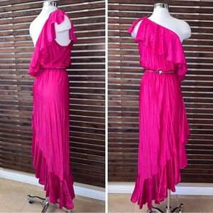 Vintage 1970s Cattani of California One Shoulder Ruffle Hot Pink Disco Dress